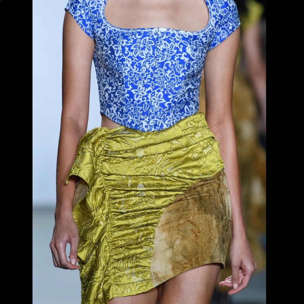Kim Shui Cap Sleeve Blue Oriental Brocade Corset Bustier